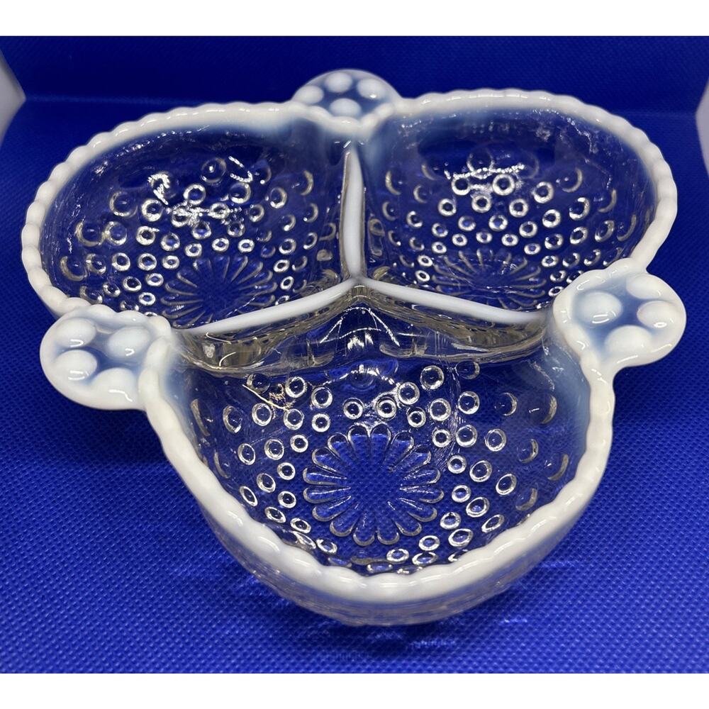 Vintage Anchor Hocking Moonstone White Hobnail Clover Shaped 3 Part Relish